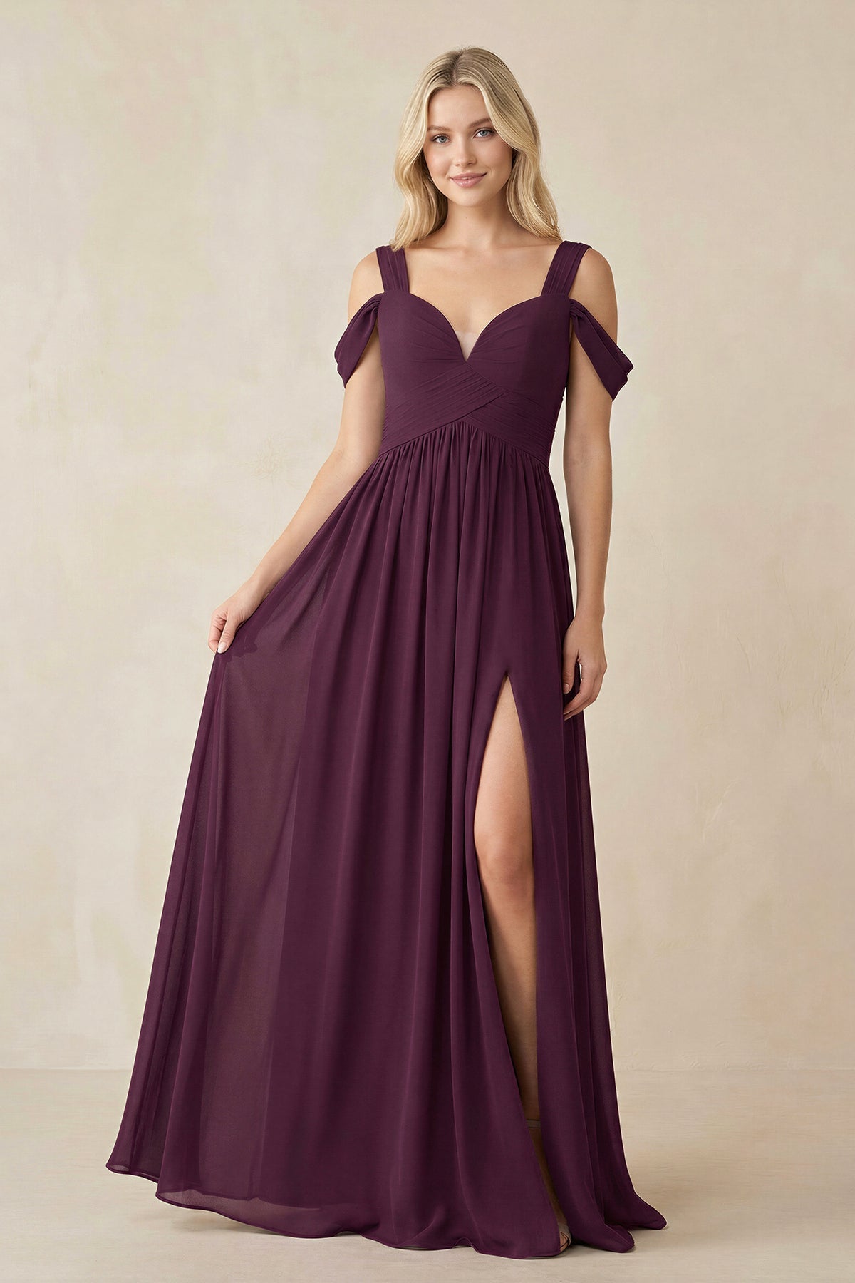 Chiffon A-Line Bridesmaid Dress in Berry with Slit - SHE IS ME BRIDESMAID DRESSES