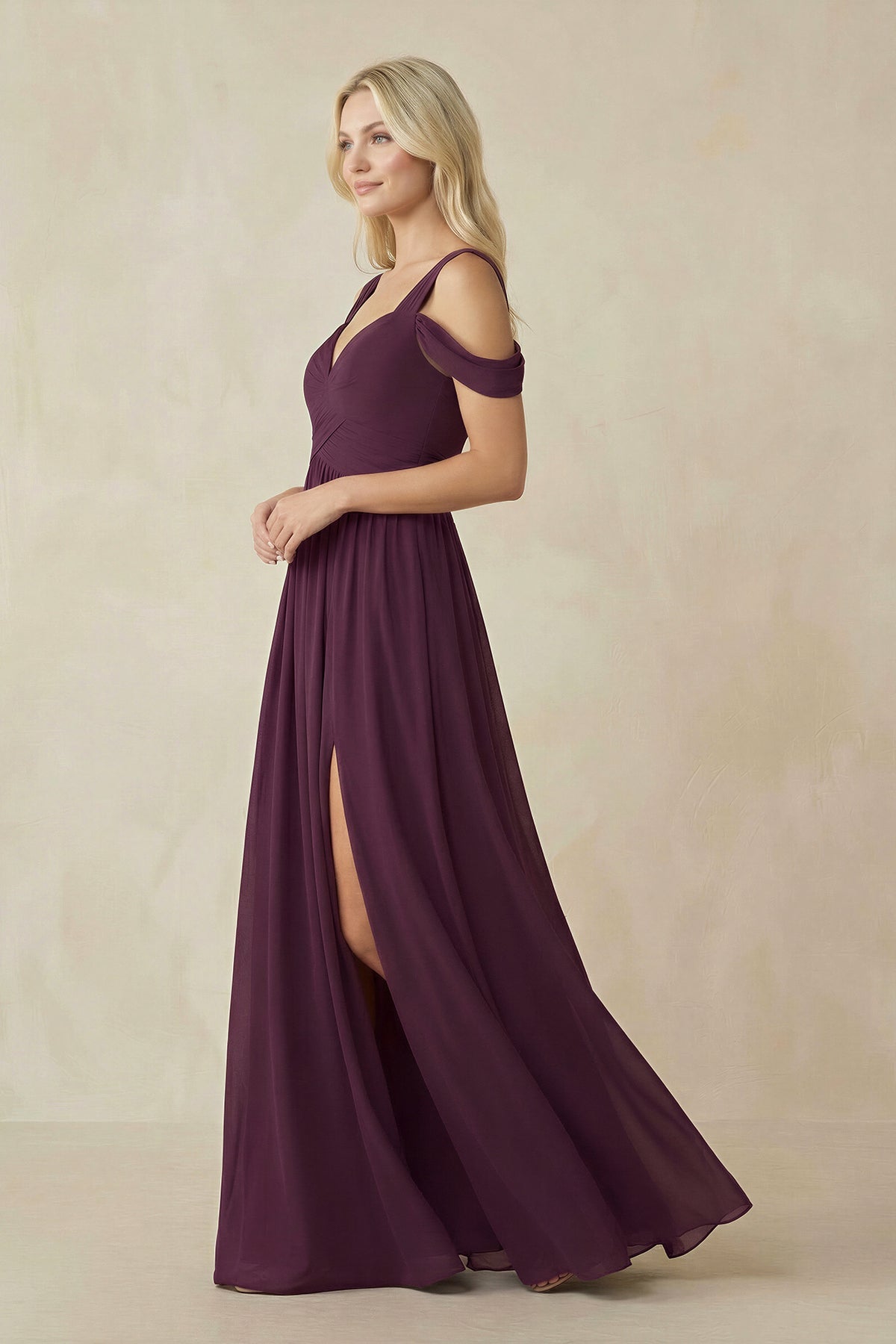Chiffon A-Line Bridesmaid Dress in Berry with Slit - SHE IS ME BRIDESMAID DRESSES