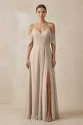 Chiffon A - Line Long Bridesmaid Dress in Almond - SHE IS ME Bridesmaid Dresses