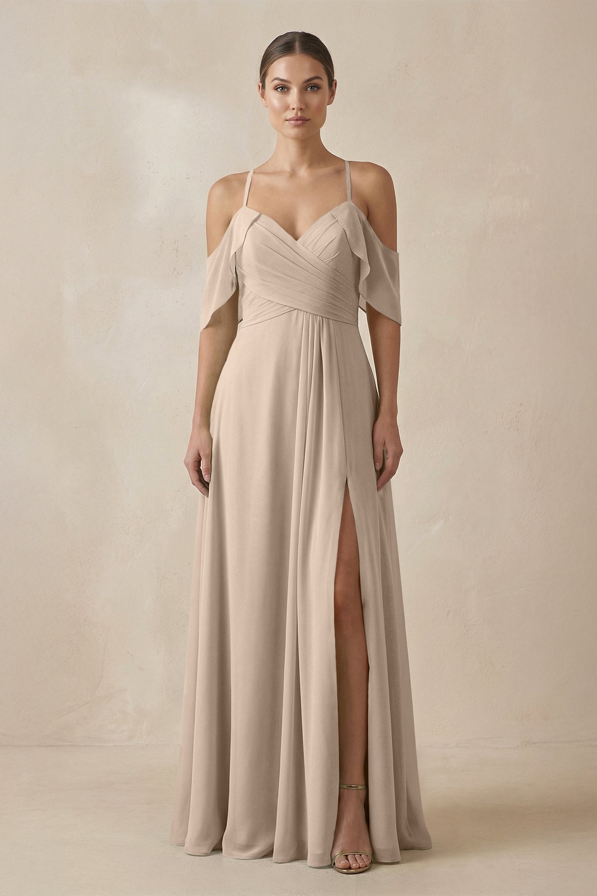 Chiffon A - Line Long Bridesmaid Dress in Almond - SHE IS ME Bridesmaid Dresses