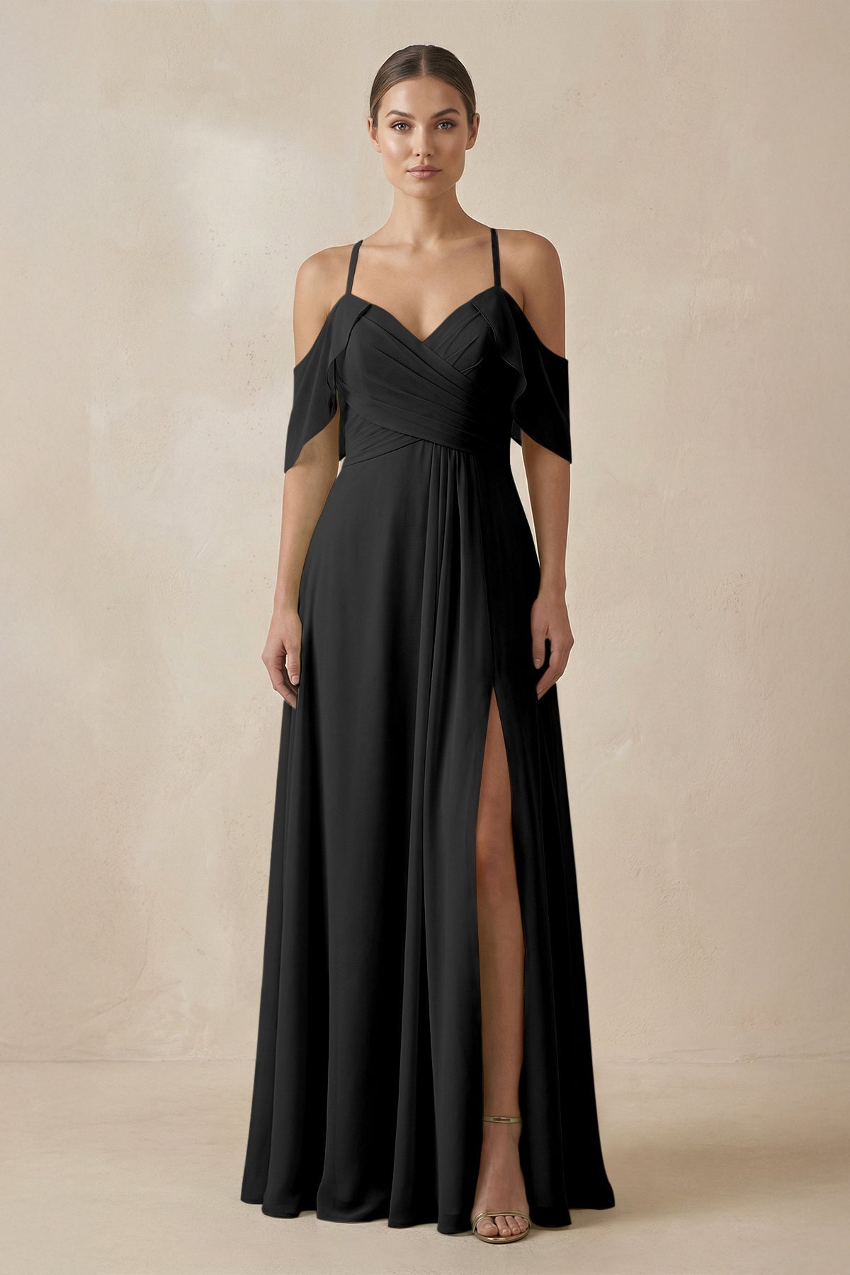 Chiffon A - Line Long Bridesmaid Dress in Black - SHE IS ME Bridesmaid Dresses