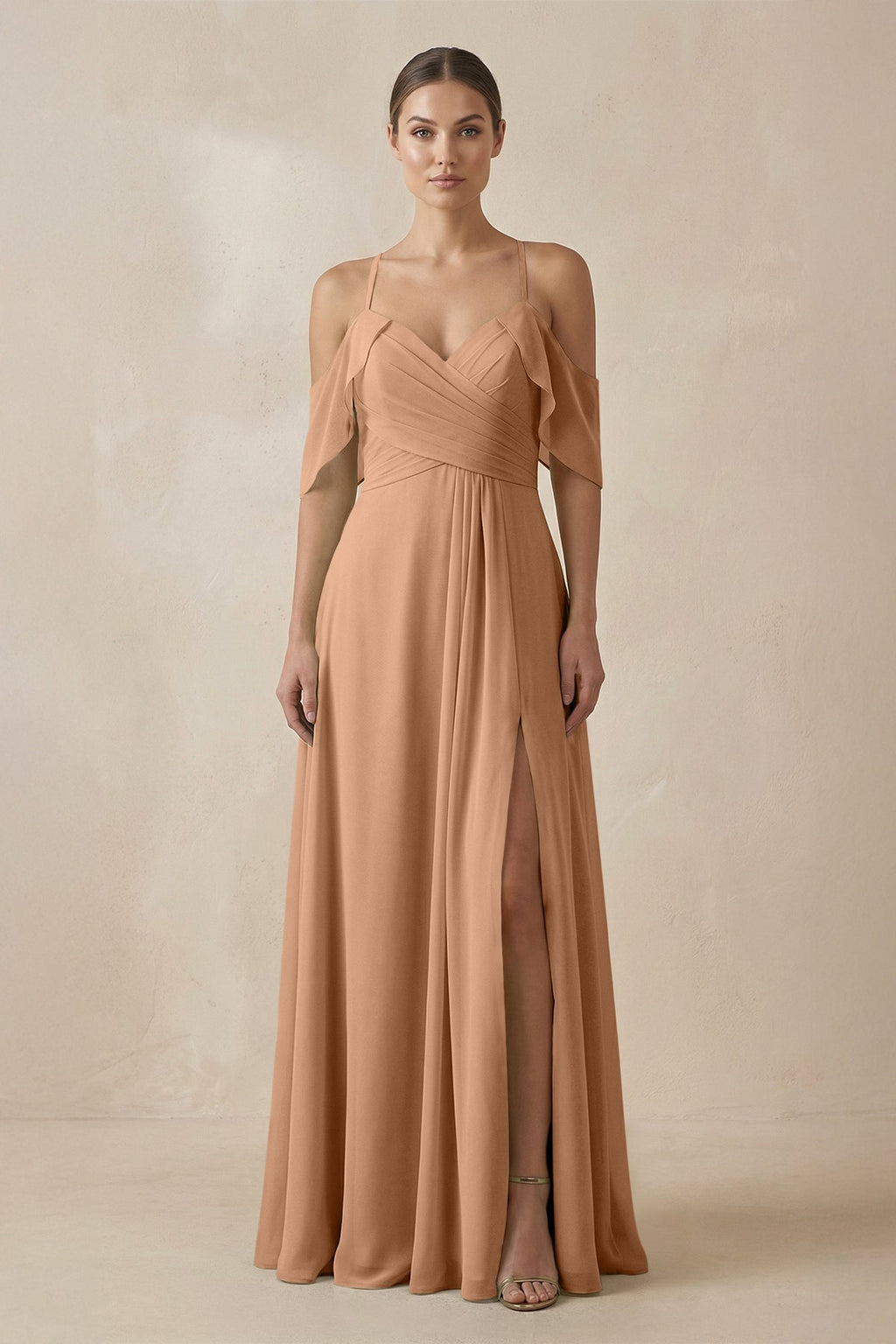 Chiffon A - Line Long Bridesmaid Dress in Bronzer - SHE IS ME Bridesmaid Dresses