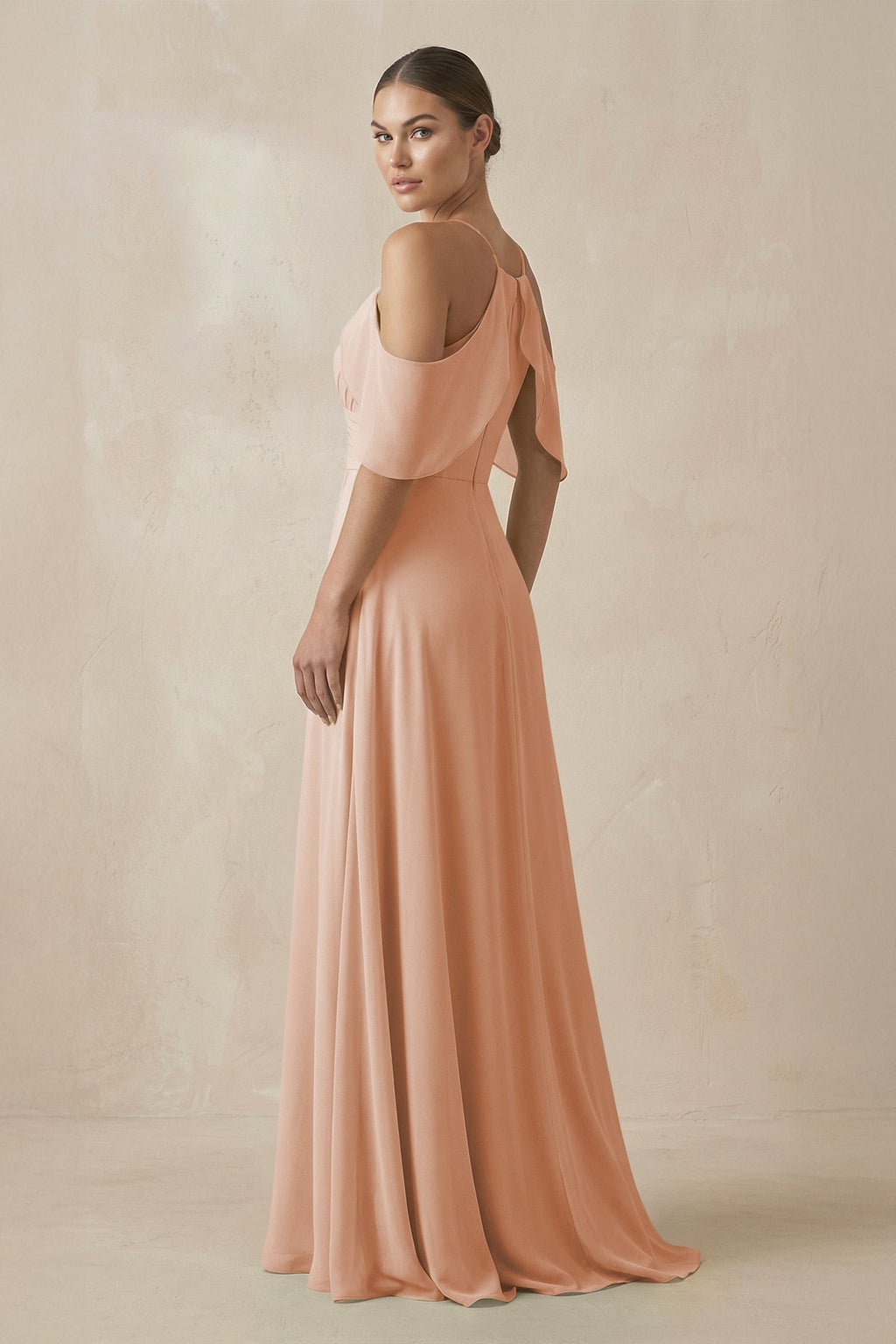 Chiffon A - Line Long Bridesmaid Dress in Champagne Rose - SHE IS ME Bridesmaid Dresses