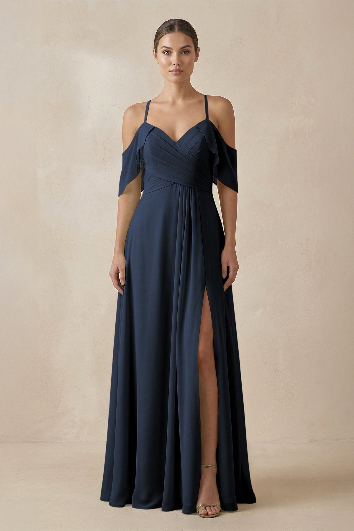 Chiffon A - Line Long Bridesmaid Dress in Dark Navy - SHE IS ME Bridesmaid Dresses