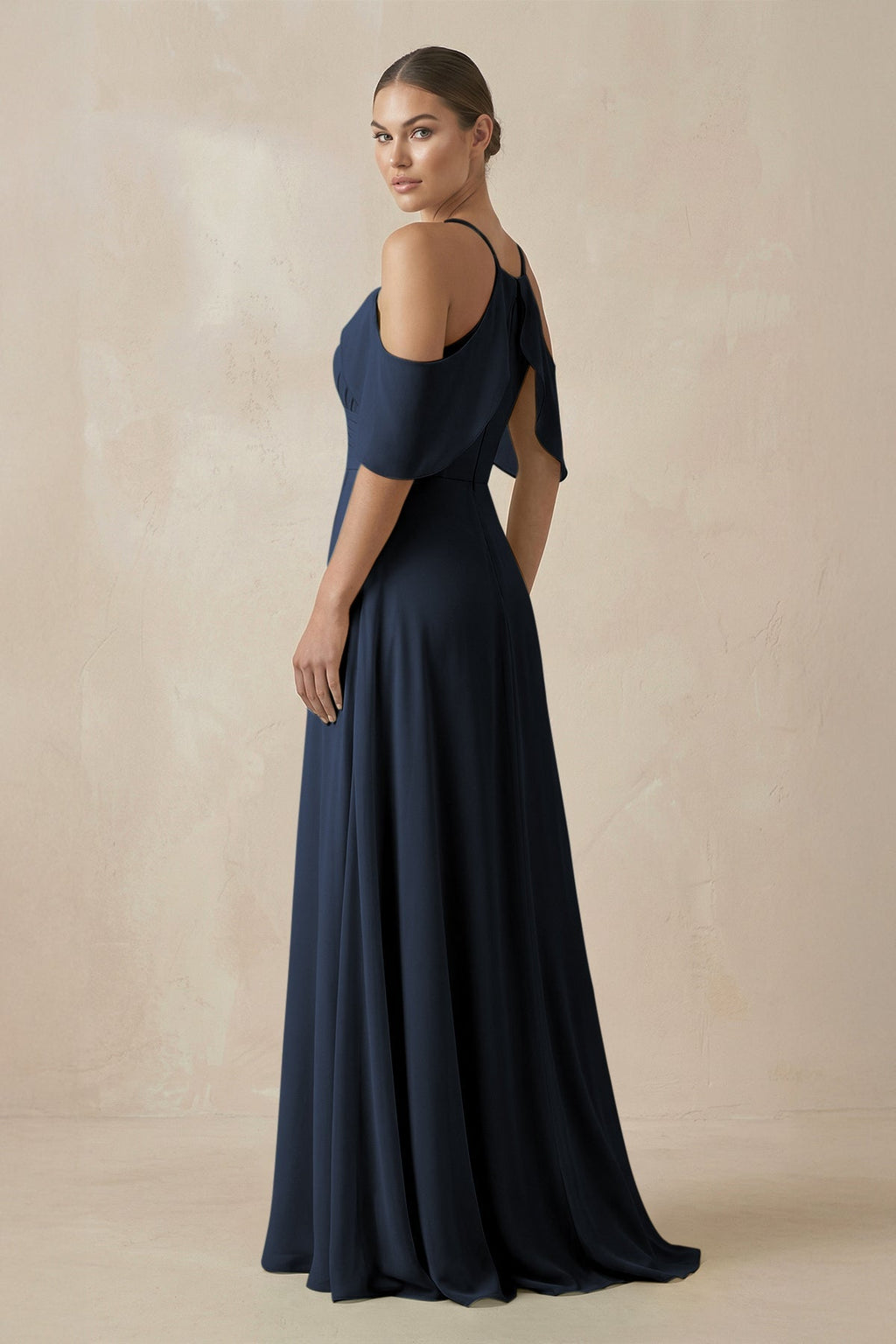 Chiffon A - Line Long Bridesmaid Dress in Dark Navy - SHE IS ME Bridesmaid Dresses