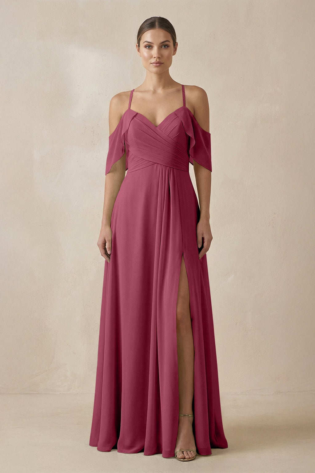 Chiffon A - Line Long Bridesmaid Dress in Desert Rose - SHE IS ME Bridesmaid Dresses