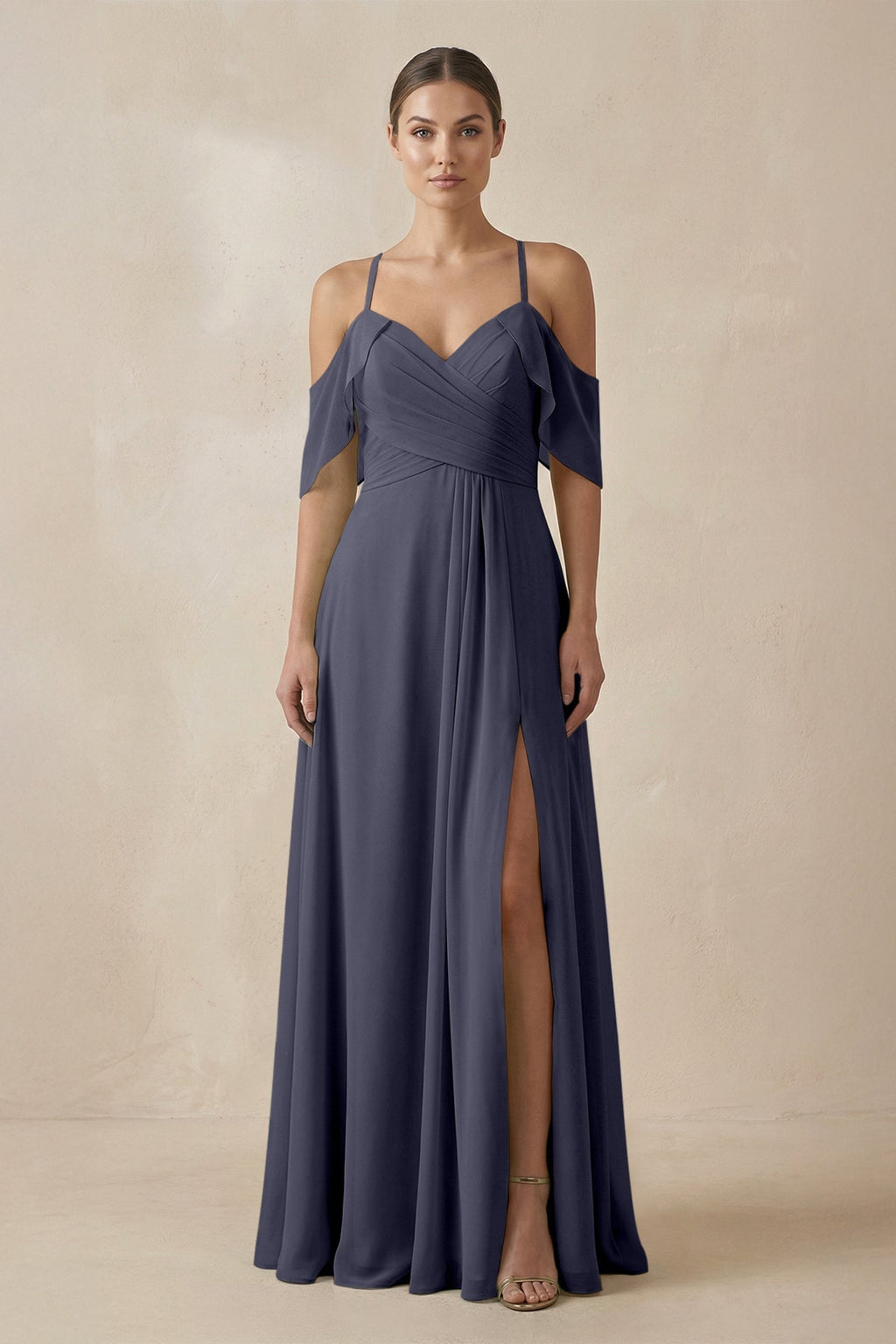 Chiffon A - Line Long Bridesmaid Dress in Dusk Blue - SHE IS ME Bridesmaid Dresses