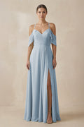 Chiffon A - Line Long Bridesmaid Dress in Dusty Blue - SHE IS ME Bridesmaid Dresses