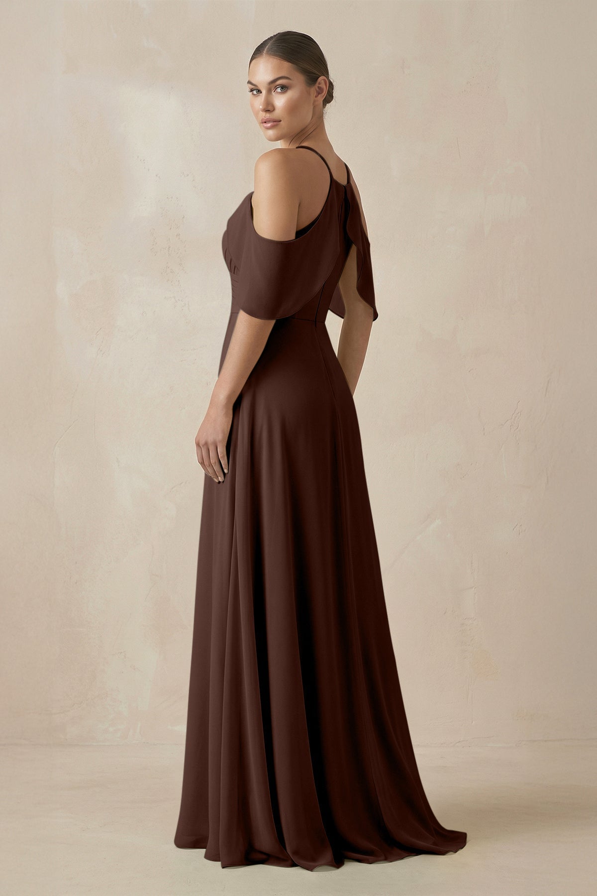 Chiffon A - Line Long Bridesmaid Dress in Espresso - SHE IS ME Bridesmaid Dresses