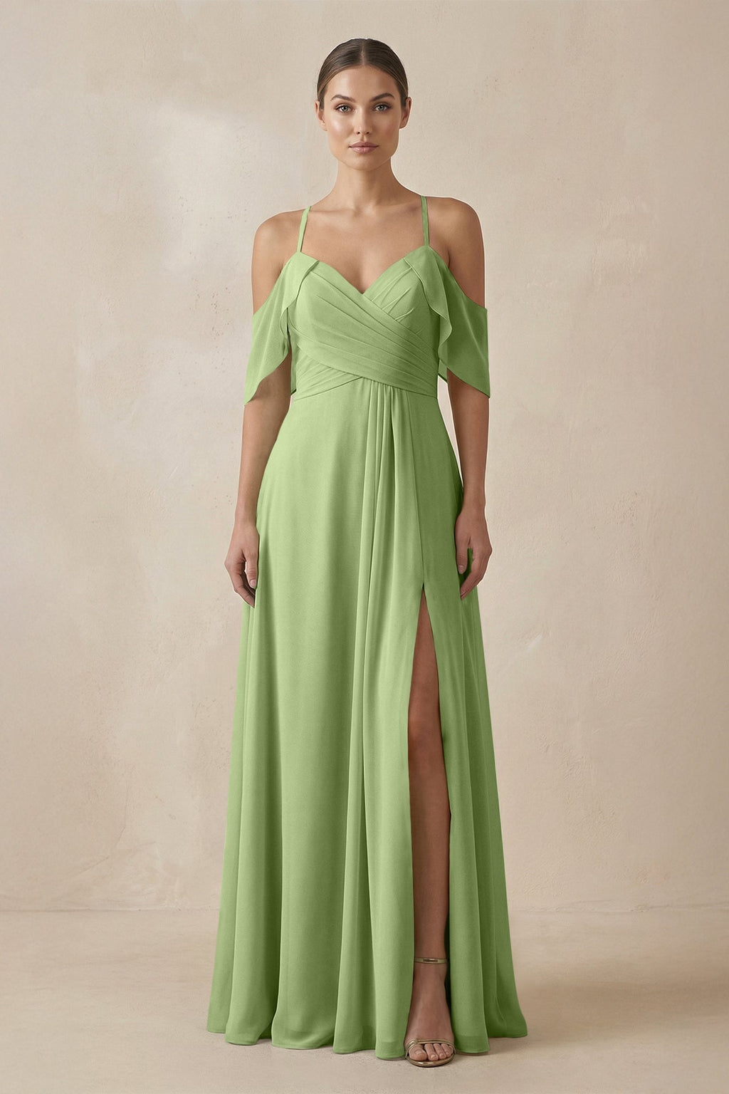 Chiffon A - Line Long Bridesmaid Dress in Matcha - SHE IS ME Bridesmaid Dresses