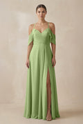 Chiffon A - Line Long Bridesmaid Dress in Matcha - SHE IS ME Bridesmaid Dresses