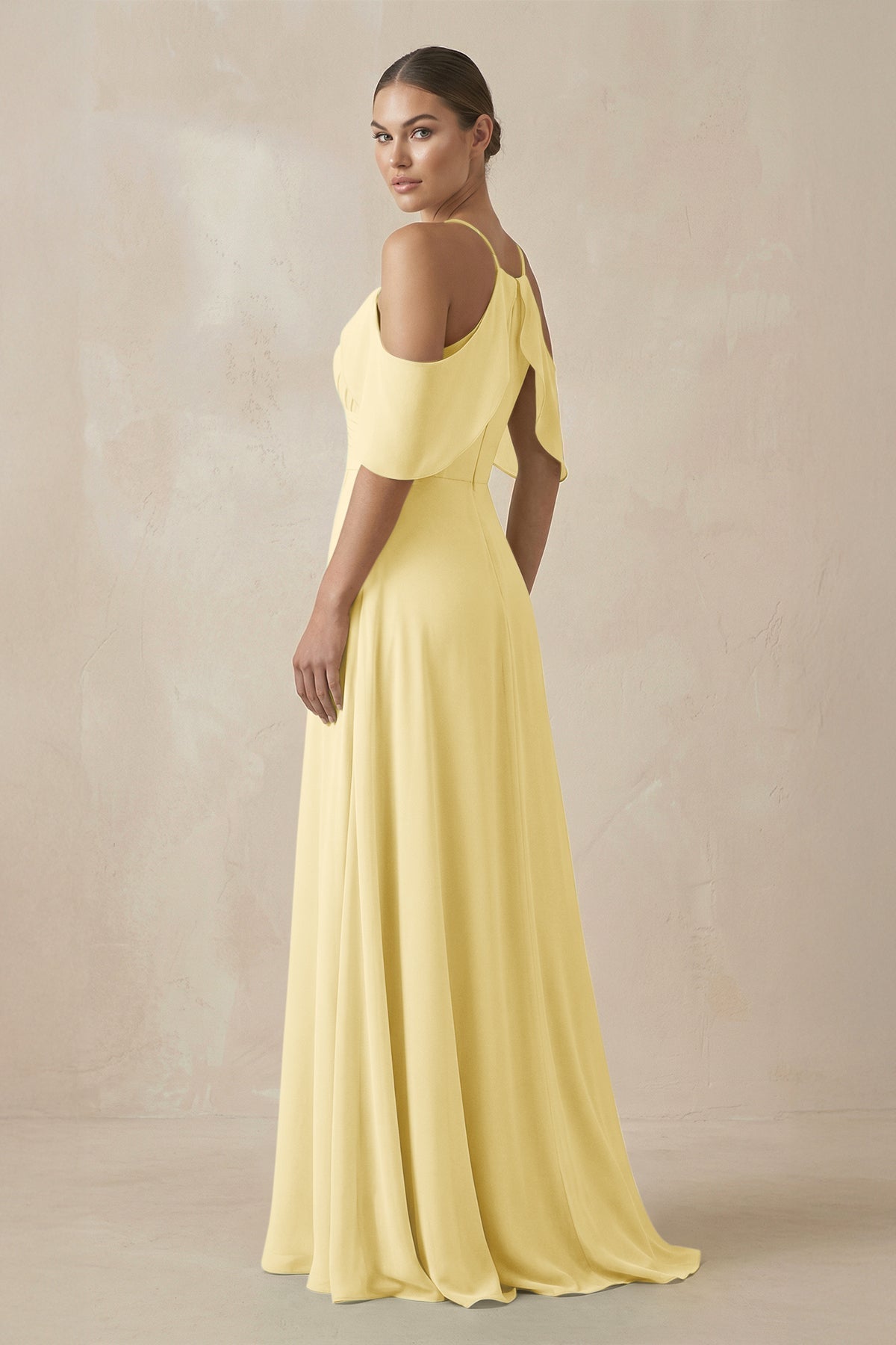 Chiffon A - Line Long Bridesmaid Dress in Pastel Yellow - SHE IS ME Bridesmaid Dresses