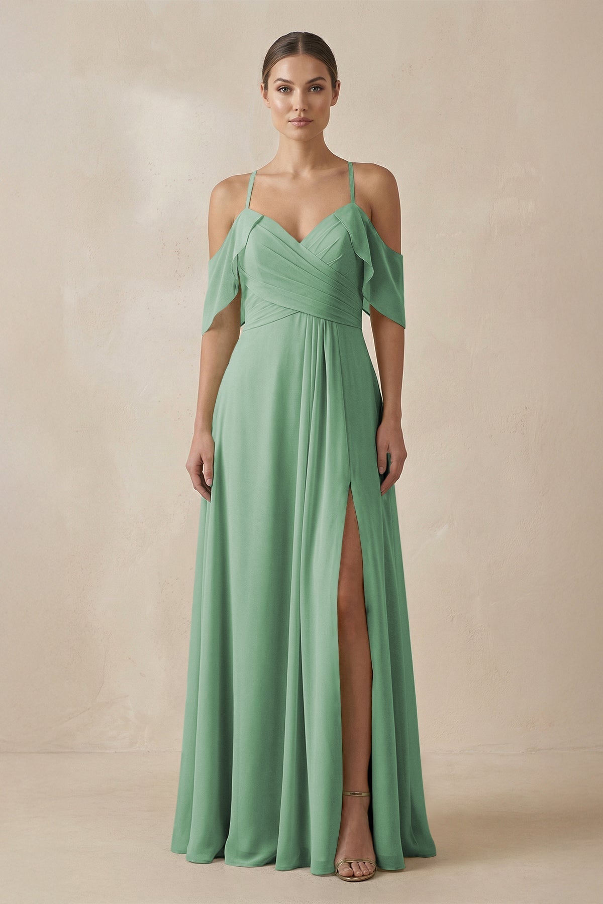 Chiffon A - Line Long Bridesmaid Dress in Sea Glass - SHE IS ME Bridesmaid Dresses