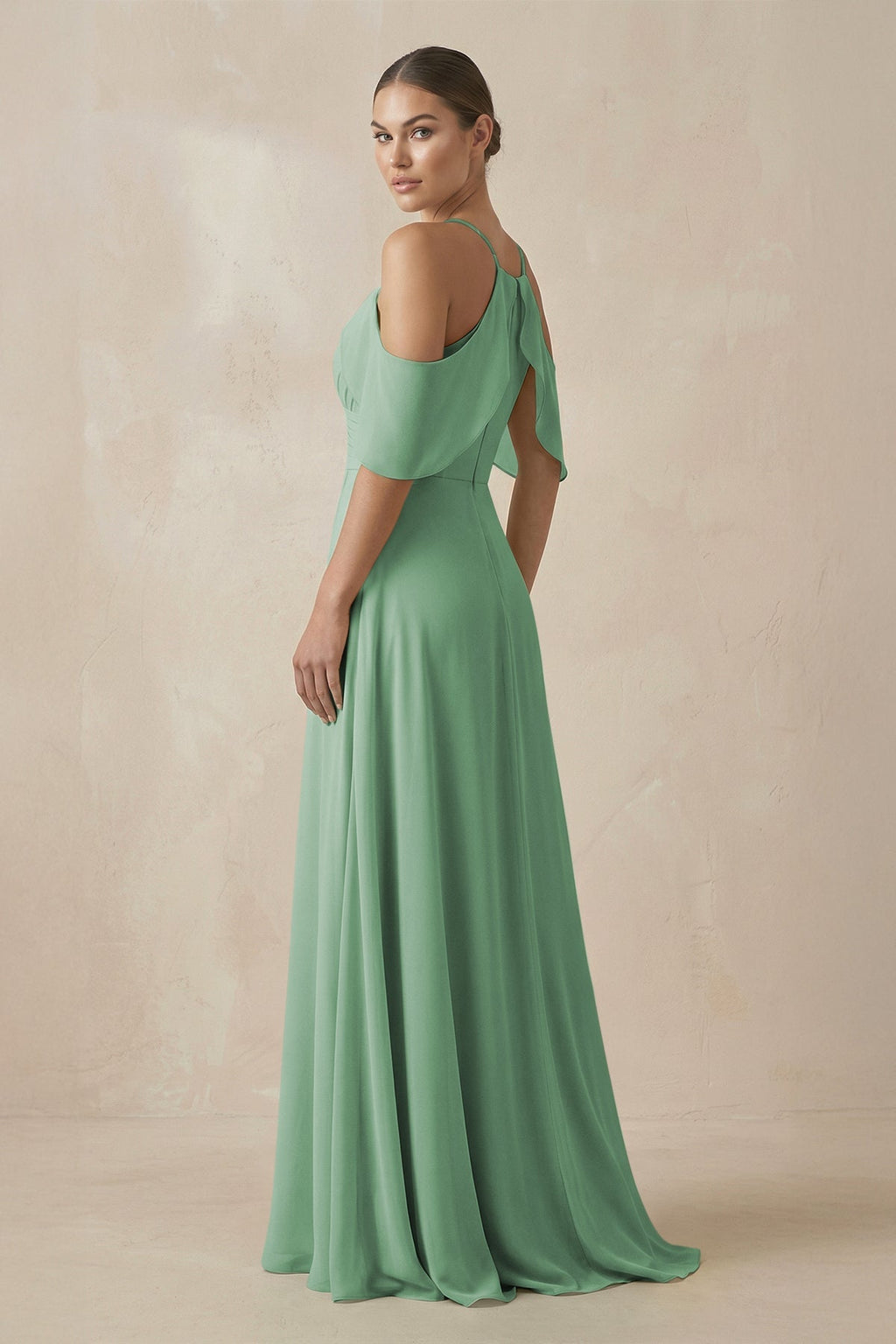 Chiffon A - Line Long Bridesmaid Dress in Sea Glass - SHE IS ME Bridesmaid Dresses
