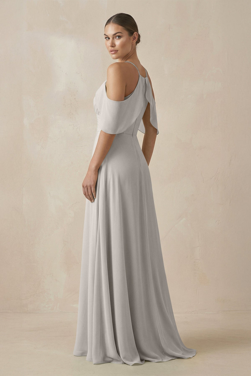 Chiffon A - Line Long Bridesmaid Dress in Silver - SHE IS ME Bridesmaid Dresses