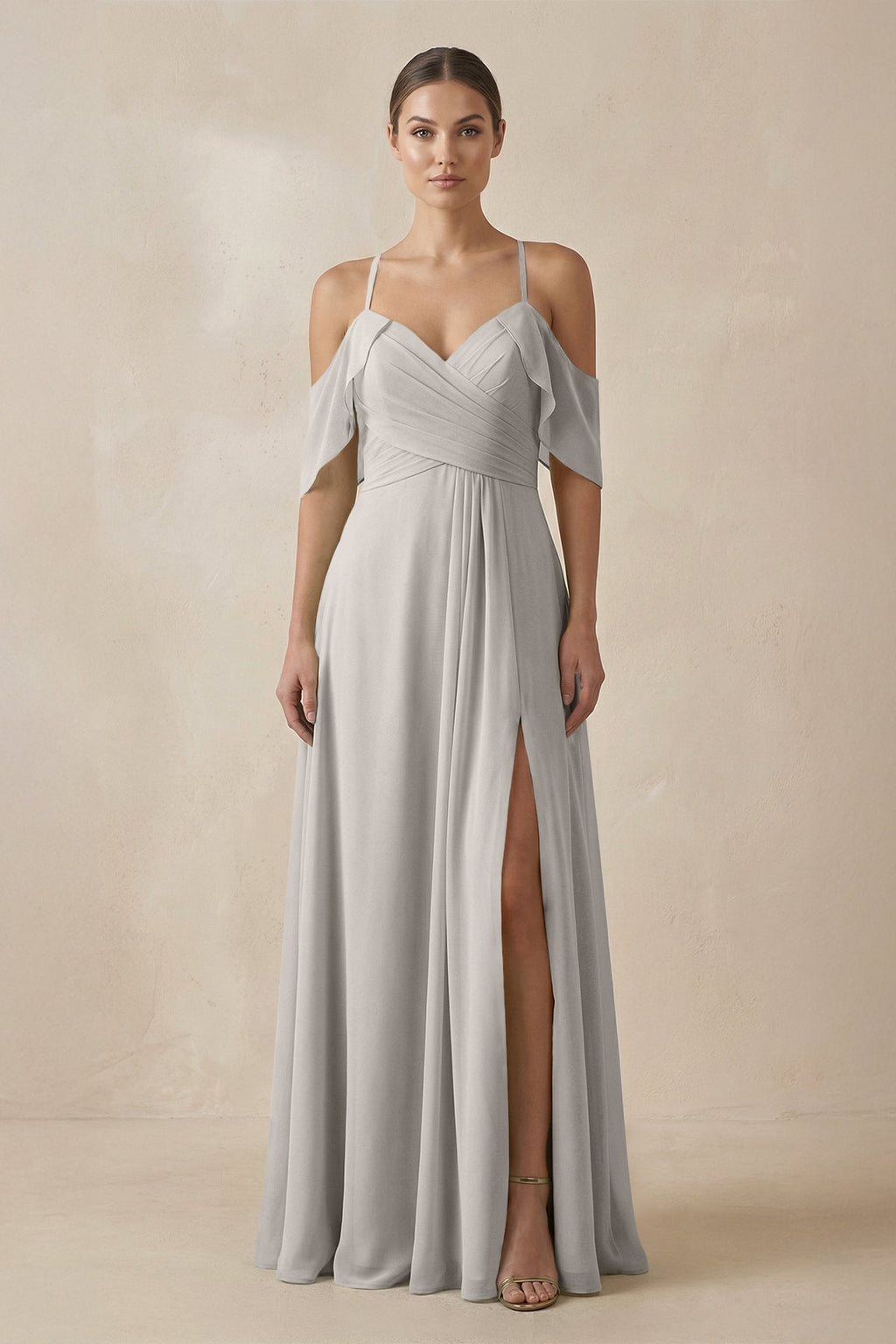 Chiffon A - Line Long Bridesmaid Dress in Silver - SHE IS ME Bridesmaid Dresses