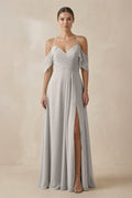 Chiffon A - Line Long Bridesmaid Dress in Silver - SHE IS ME Bridesmaid Dresses