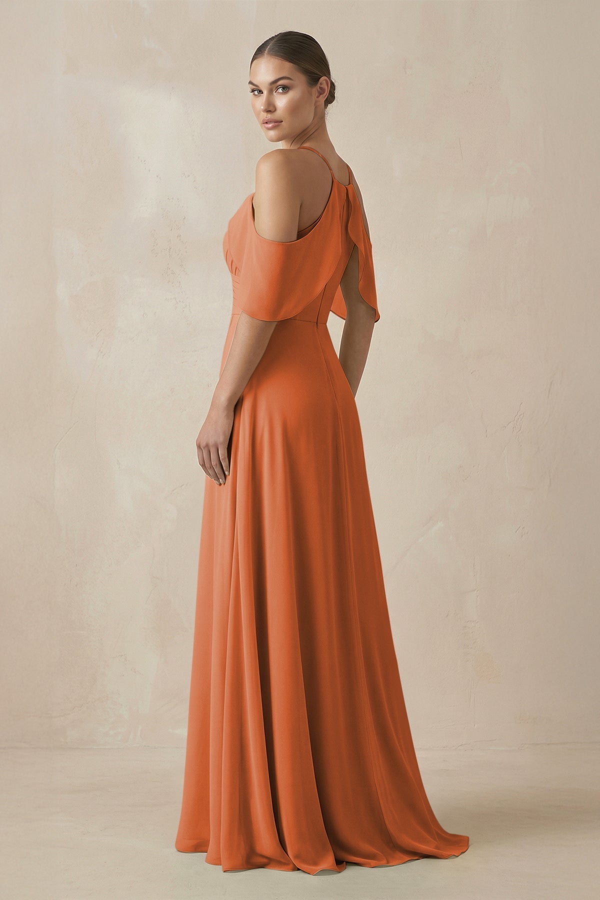 Chiffon A - Line Long Bridesmaid Dress in Terracotta - SHE IS ME Bridesmaid Dresses
