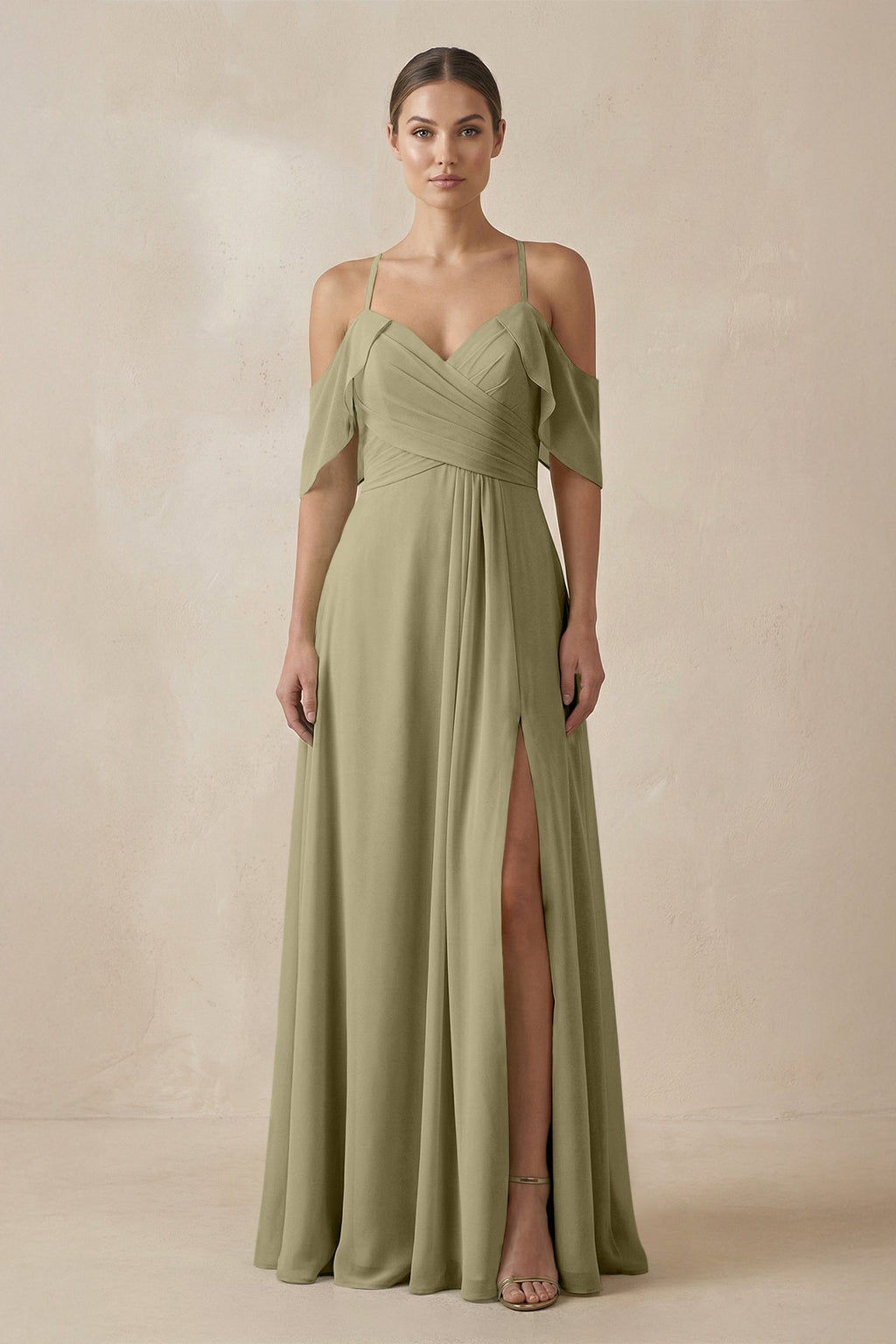 Chiffon A - Line Long Bridesmaid Dress in Thyme - SHE IS ME Bridesmaid Dresses