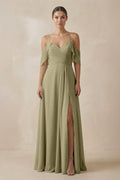 Chiffon A - Line Long Bridesmaid Dress in Thyme - SHE IS ME Bridesmaid Dresses