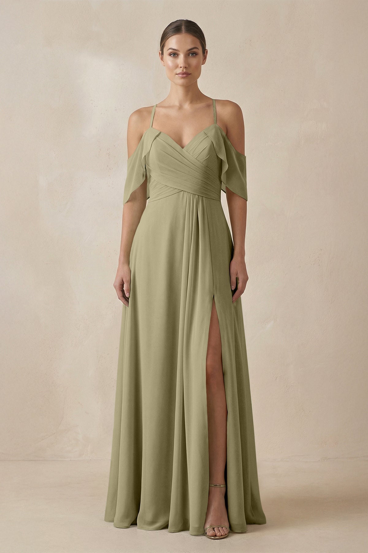 Chiffon A - Line Long Bridesmaid Dress in Thyme - SHE IS ME Bridesmaid Dresses