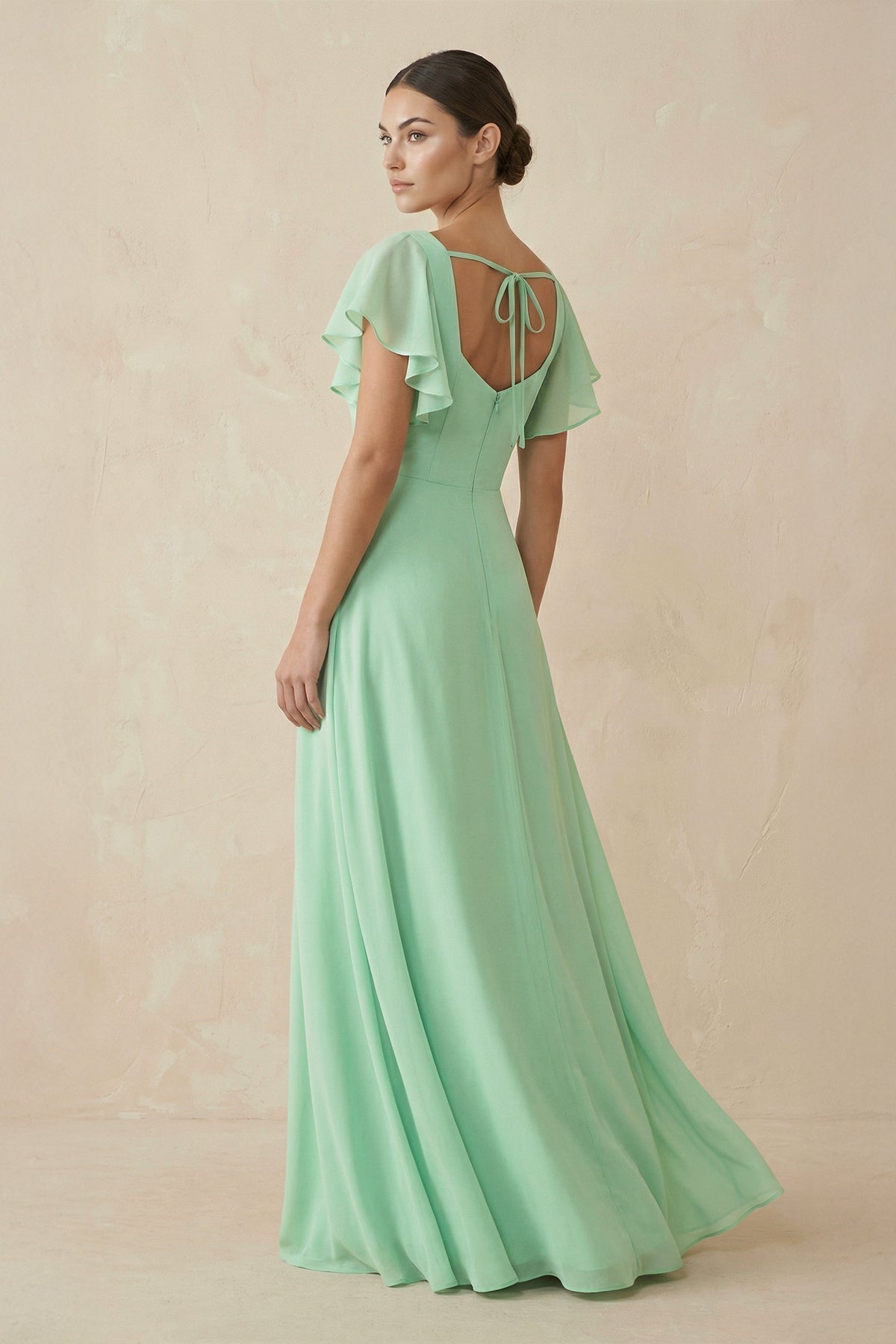 Chiffon A-Line Long Bridesmaid Dress with Flutter Sleeves in Pale Pistachio - SHE IS ME BRIDESMAID DRESSES
