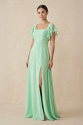 Chiffon A-Line Long Bridesmaid Dress with Flutter Sleeves in Pale Pistachio - SHE IS ME BRIDESMAID DRESSES