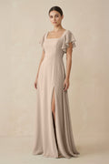 Chiffon A - Line Long Bridesmaid Dress with Flutter Sleeves in Almond - SHE IS ME Bridesmaid Dresses