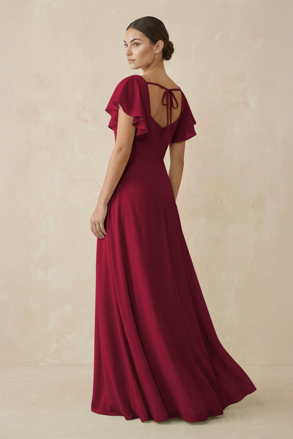 Chiffon A - Line Long Bridesmaid Dress with Flutter Sleeves in Berry - SHE IS ME Bridesmaid Dresses