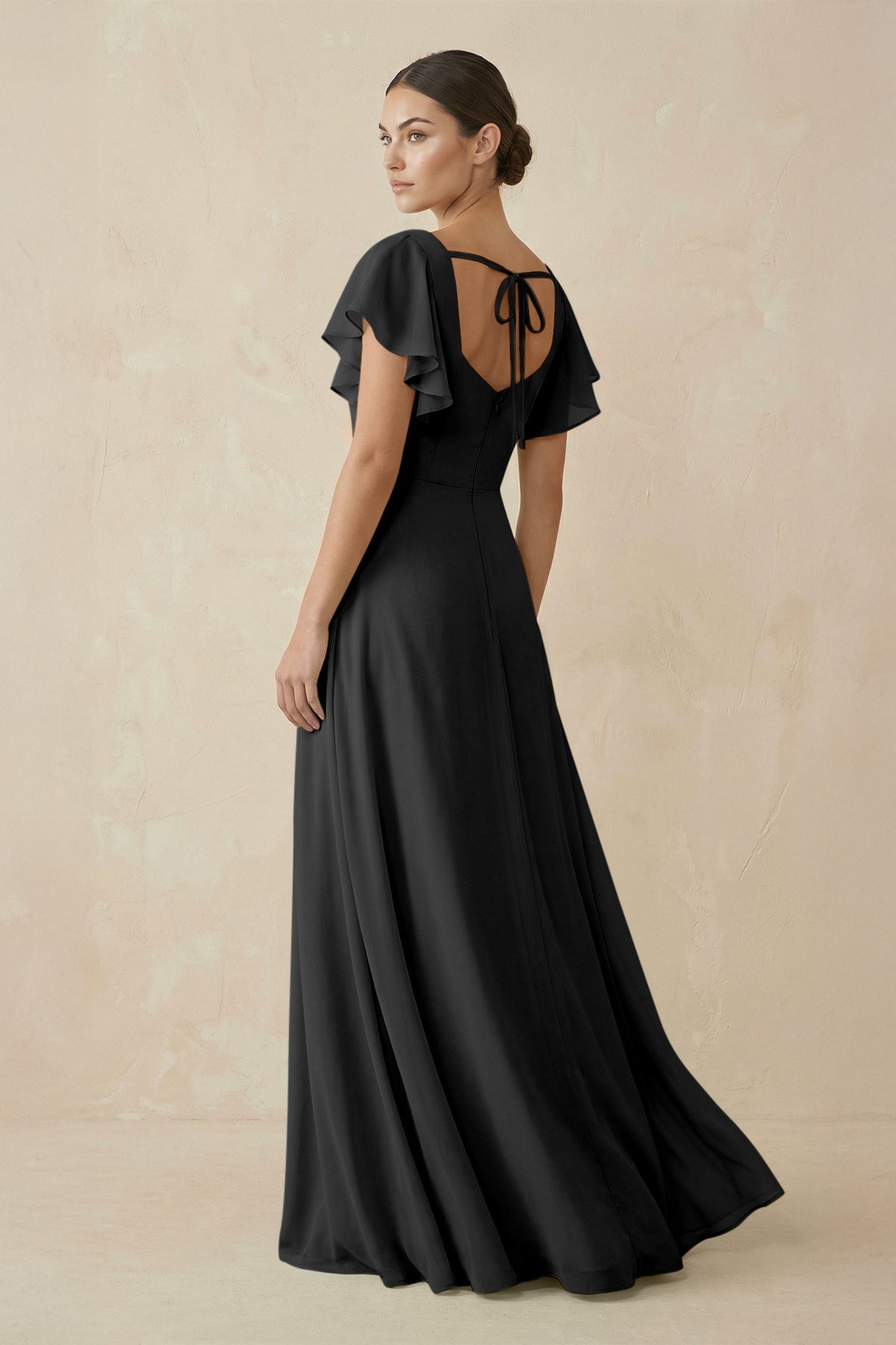 Chiffon A - Line Long Bridesmaid Dress with Flutter Sleeves in Black - SHE IS ME Bridesmaid Dresses