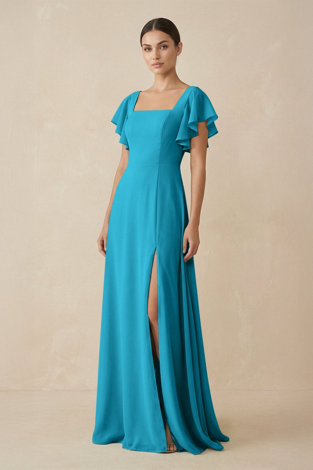 Chiffon A - Line Long Bridesmaid Dress with Flutter Sleeves in Blue Jay - SHE IS ME Bridesmaid Dresses