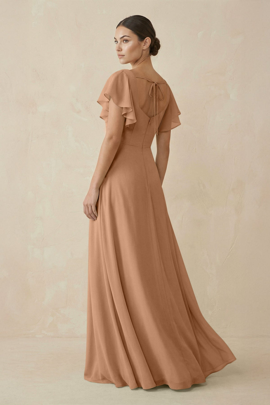 Chiffon A - Line Long Bridesmaid Dress with Flutter Sleeves in Bronzer - SHE IS ME Bridesmaid Dresses
