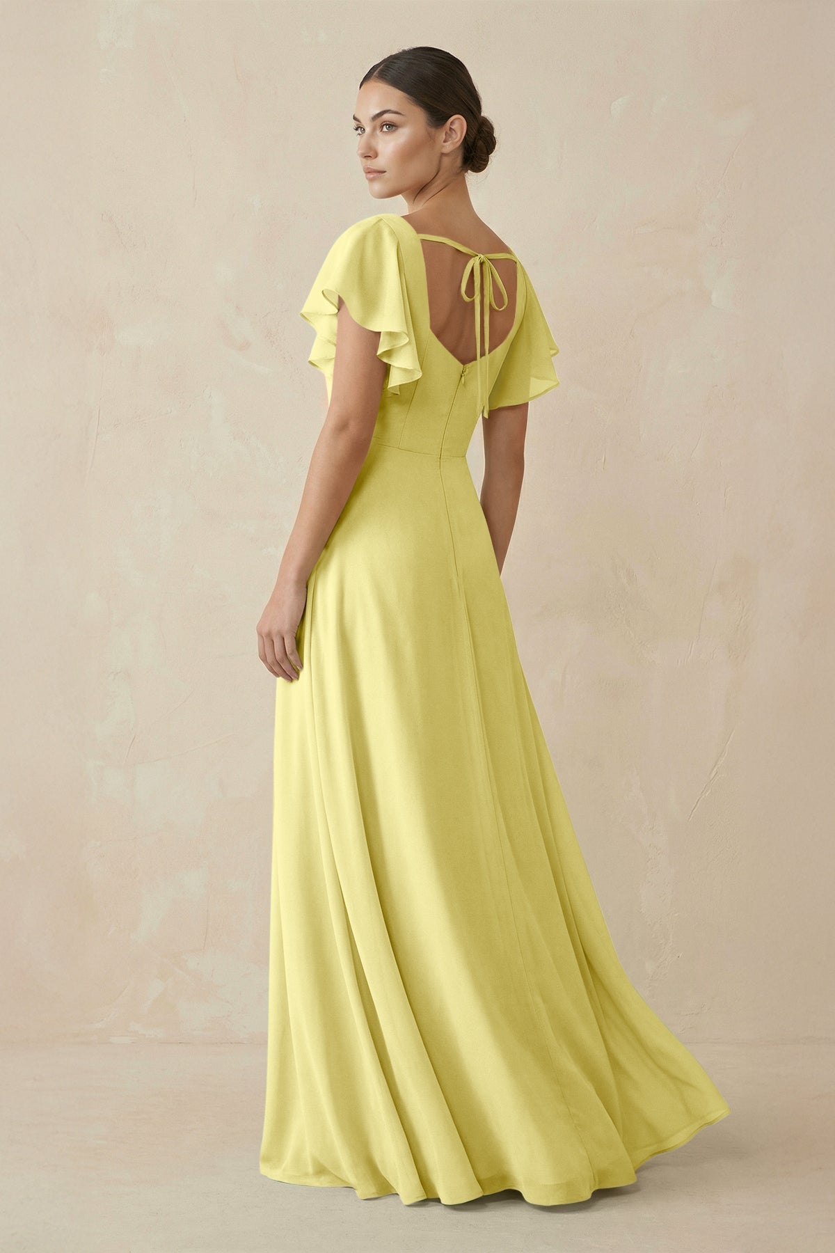 Chiffon A - Line Long Bridesmaid Dress with Flutter Sleeves in Buttercup - SHE IS ME Bridesmaid Dresses