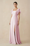 Chiffon A - Line Long Bridesmaid Dress with Flutter Sleeves in Candy Pink - SHE IS ME Bridesmaid Dresses