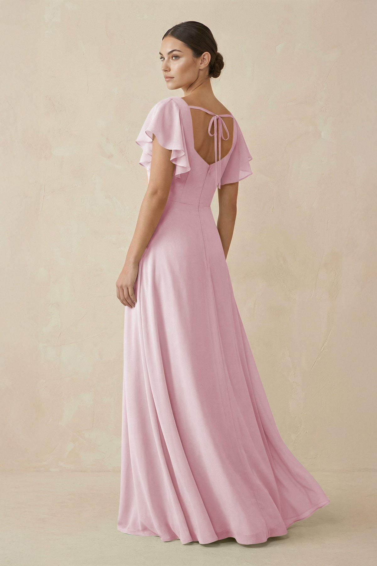 Chiffon A - Line Long Bridesmaid Dress with Flutter Sleeves in Candy Pink - SHE IS ME Bridesmaid Dresses
