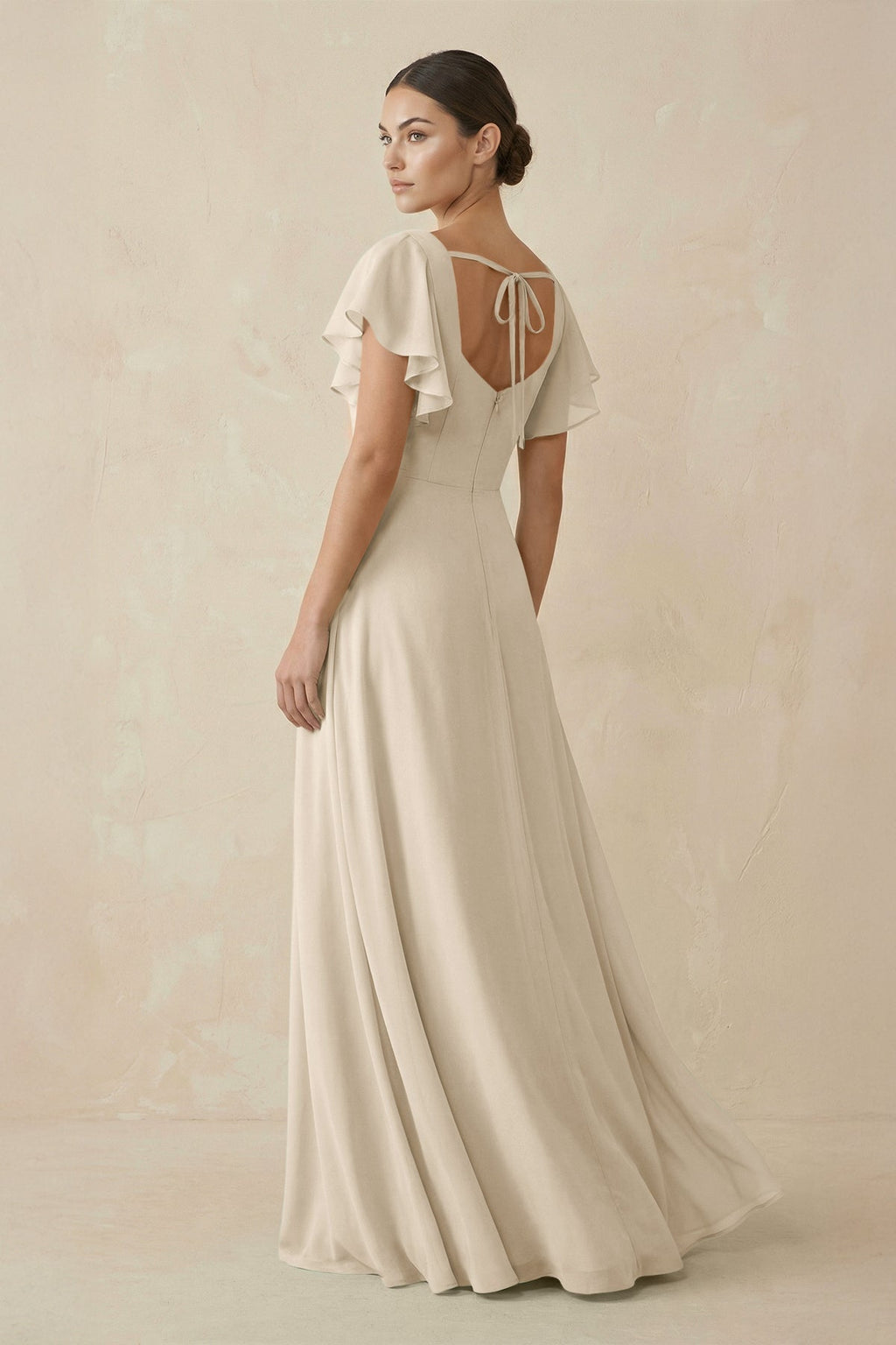 Chiffon A - Line Long Bridesmaid Dress with Flutter Sleeves in Champagne - SHE IS ME Bridesmaid Dresses