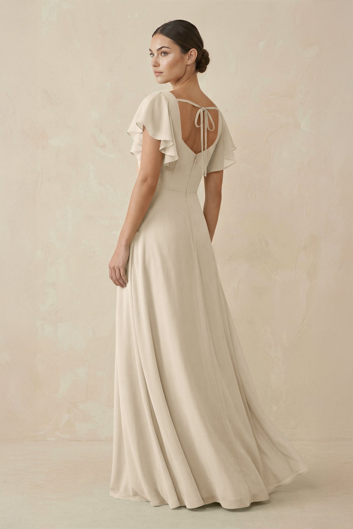 Chiffon A - Line Long Bridesmaid Dress with Flutter Sleeves in Champagne - SHE IS ME Bridesmaid Dresses