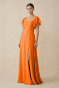 Chiffon A - Line Long Bridesmaid Dress with Flutter Sleeves in Cinnamon - SHE IS ME Bridesmaid Dresses