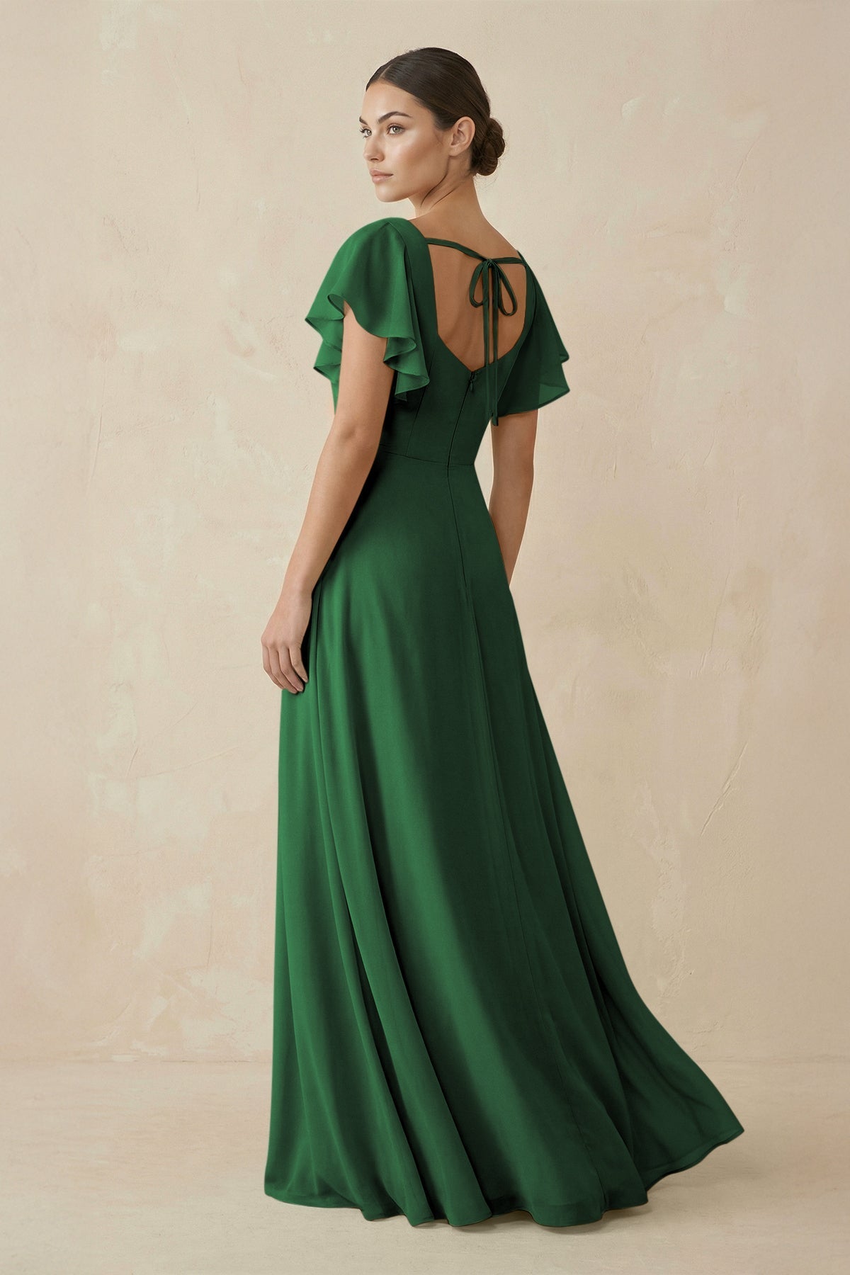 Chiffon A - Line Long Bridesmaid Dress with Flutter Sleeves in Dark Green - SHE IS ME Bridesmaid Dresses