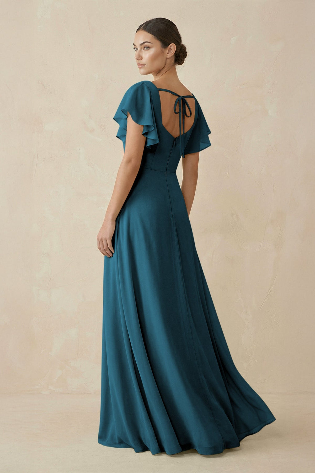 Chiffon A - Line Long Bridesmaid Dress with Flutter Sleeves in Dark Teal - SHE IS ME Bridesmaid Dresses