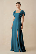 Chiffon A - Line Long Bridesmaid Dress with Flutter Sleeves in Dark Teal - SHE IS ME Bridesmaid Dresses