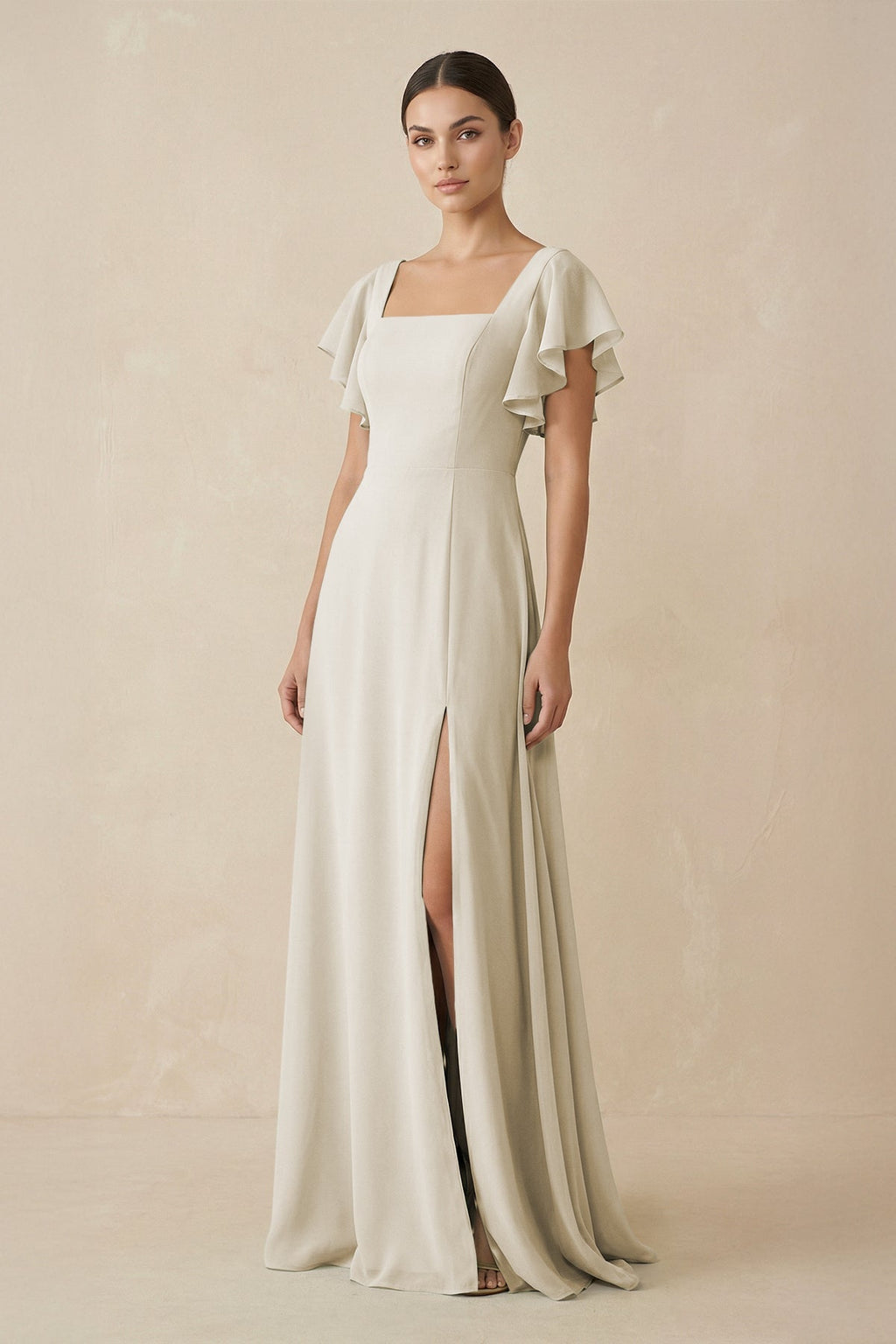 Chiffon A - Line Long Bridesmaid Dress with Flutter Sleeves in Dove Gray - SHE IS ME Bridesmaid Dresses