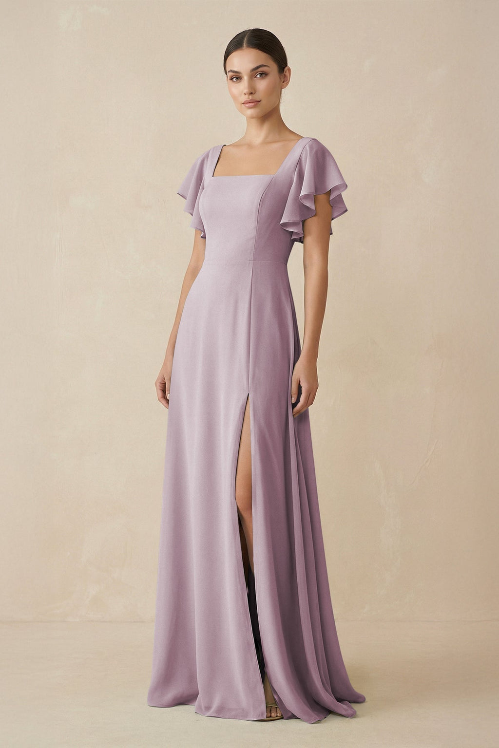 Chiffon A - Line Long Bridesmaid Dress with Flutter Sleeves in Dusk - SHE IS ME Bridesmaid Dresses