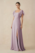 Chiffon A - Line Long Bridesmaid Dress with Flutter Sleeves in Dusk - SHE IS ME Bridesmaid Dresses