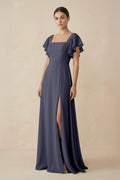 Chiffon A - Line Long Bridesmaid Dress with Flutter Sleeves in Dusk Blue - SHE IS ME Bridesmaid Dresses