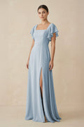 Chiffon A - Line Long Bridesmaid Dress with Flutter Sleeves in Dusty Blue - SHE IS ME Bridesmaid Dresses