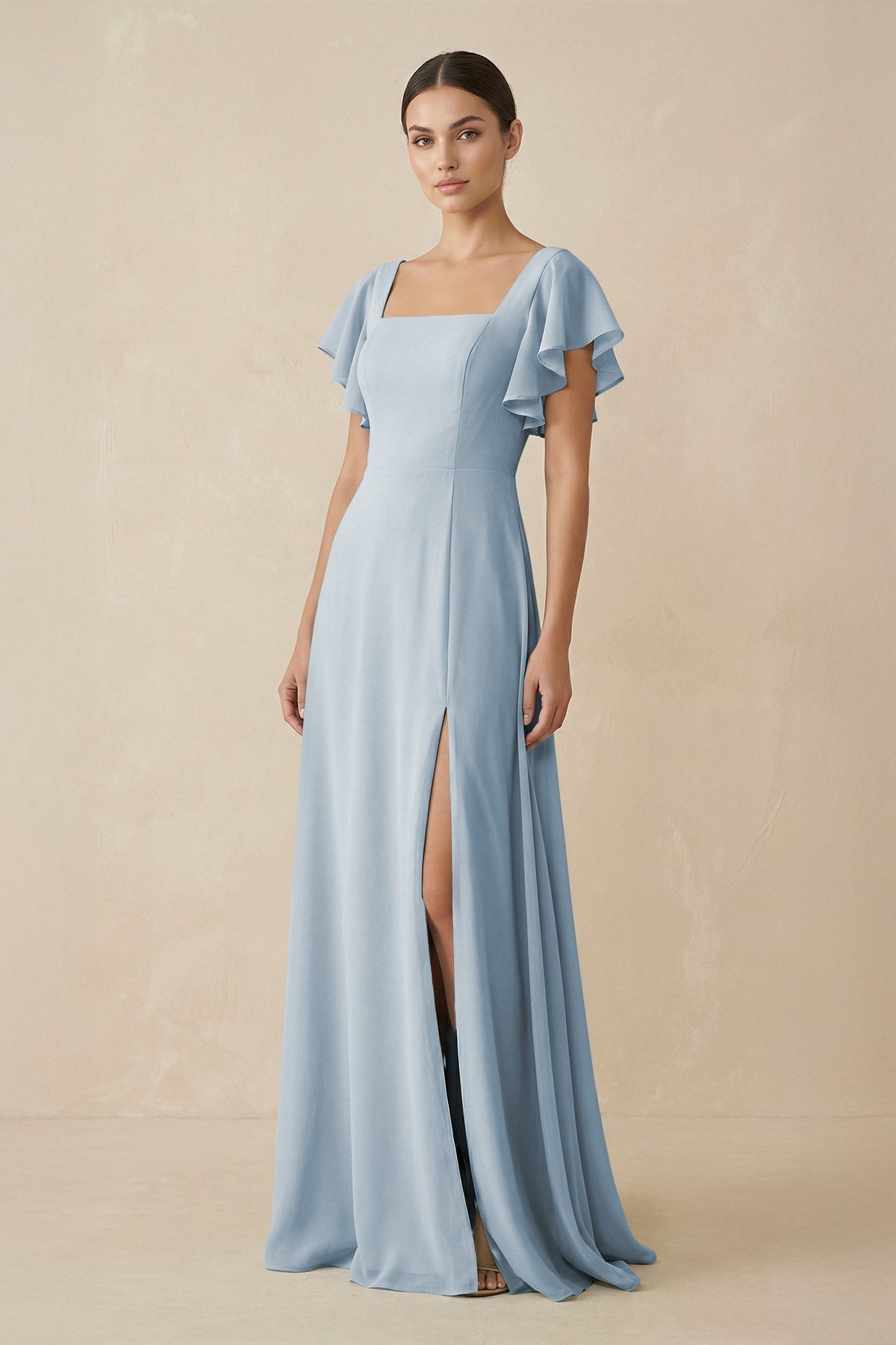 Chiffon A - Line Long Bridesmaid Dress with Flutter Sleeves in Dusty Blue - SHE IS ME Bridesmaid Dresses