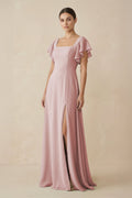 Chiffon A - Line Long Bridesmaid Dress with Flutter Sleeves in Dusty Rose - SHE IS ME Bridesmaid Dresses