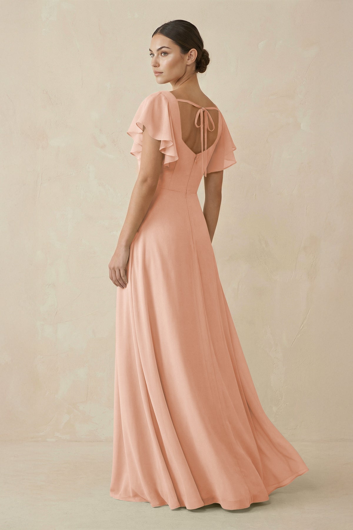 Chiffon A - Line Long Bridesmaid Dress with Flutter Sleeves in English Rose - SHE IS ME Bridesmaid Dresses