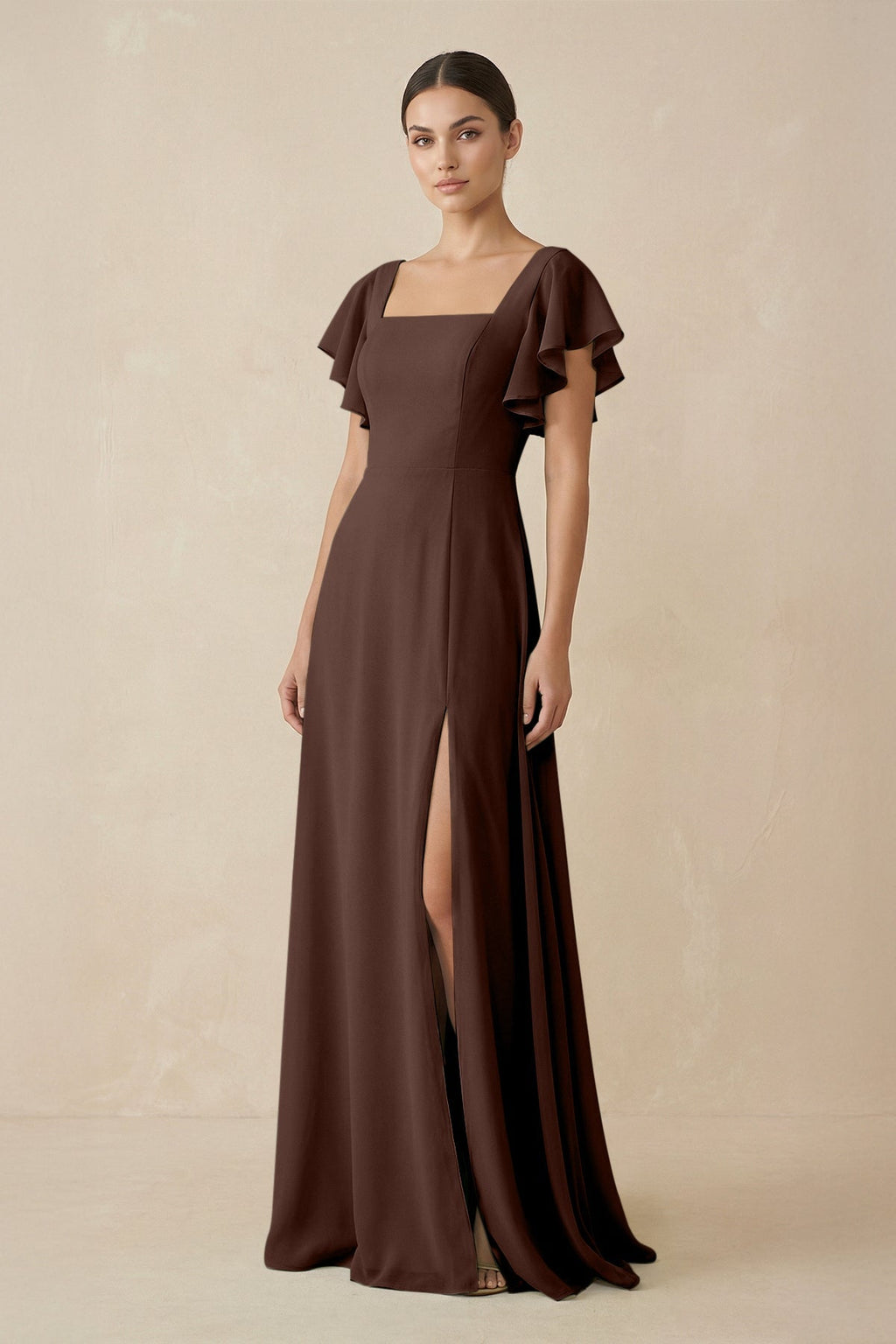 Chiffon A - Line Long Bridesmaid Dress with Flutter Sleeves in Espresso - SHE IS ME Bridesmaid Dresses